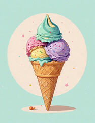 A colorful illustration of a tall waffle cone filled with four scoops of ice cream (teal, pink, yellow, and purple)