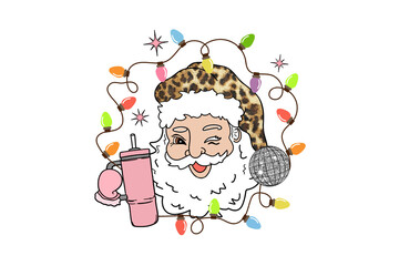 Winking Santa Claus face with leopard print hat holding tumbler and surrounded by colorful christmas light string illustration for Christmas Sublimation Design
