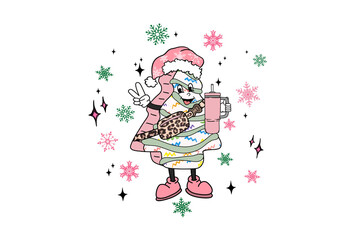 Groovy Retro Christmas Character with Coffee Cup   illustration Christmas Sublimation Design