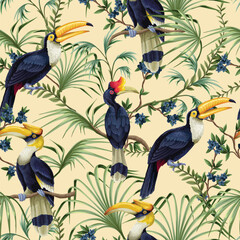 Tropic jungle birds vector seamless pattern with exotic parrots toucans leaves and branches
