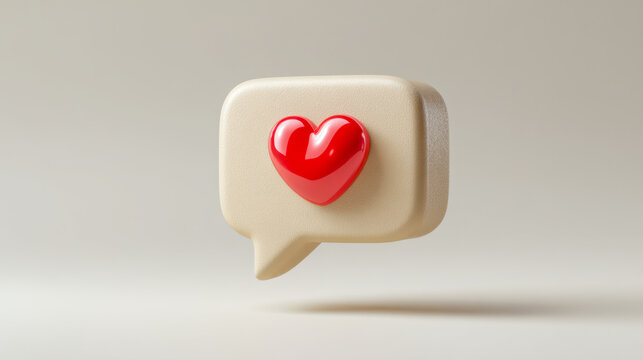 Minimalist beige chat bubble with a shiny red heart icon symbolizing love, appreciation, and positive feedback in social media communication concepts