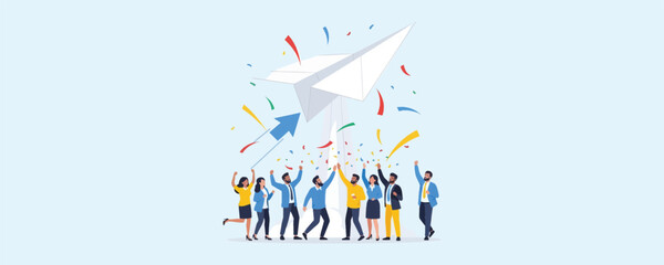 Group of cheerful business people stand together celebrating as a giant paper airplane takes off into sky with colorful confetti falling around them representing launch of new project