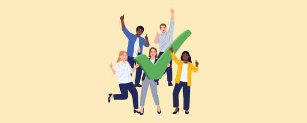 Group of happy diverse business people smile and give thumbs up while celebrating a huge green check mark representing successful task completion and approval
