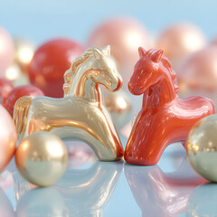 Two shiny horse figurines facing each other on a colorful background with decorative spheres