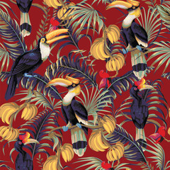 Tropic banana birds vector seamless pattern with exotic hornbills palm leaves and fruits
