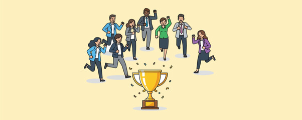 Group of joyful business people running towards a golden trophy with falling confetti celebrating a significant victory achievement or reaching a business goal