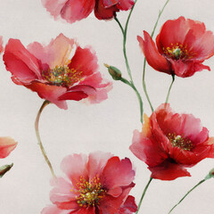 Vibrant Scarlet Red Poppies Painted with Rose Pink Hues and Emerald Green Stems, Perfect for a Custom Adobe Photoshop Botanical Pattern Design on a Creamy Beige Textured Background.