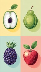 Whimsical fruit medley with apple, pear, and pineapple artwork