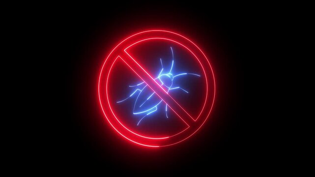 Glowing neon pest control icon isolated on black background. bug block icon. House parasite prohibition. prohibited icon with insect. 