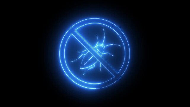 Glowing neon pest control icon isolated on black background. bug block icon. House parasite prohibition. prohibited icon with insect. 