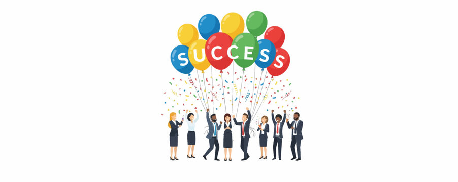 Group of happy business people celebrating success with colorful balloons spelling out the word success and falling confetti in a festive atmosphere