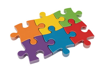Obraz premium Six vibrant, interconnected puzzle pieces, showcasing teamwork, problem-solving, unity, and complexity coming together seamlessly. background removed