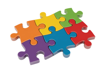 Six vibrant, interconnected puzzle pieces, showcasing teamwork, problem-solving, unity, and complexity coming together seamlessly. background removed