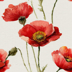 Beautiful hand-painted watercolor poppies with Vibrant Red petals and Golden Yellow centers, set against a serene Cream White background, perfect for designers using adobe photoshop to create stunning