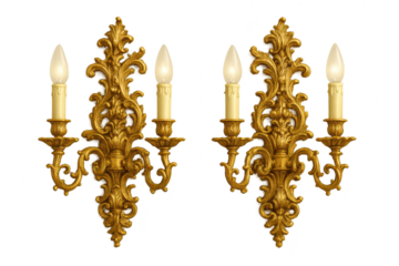 Ornate Gold Sconces with Candles Isolated on Transparent Background, Pair of Antique