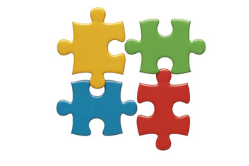 Four vibrant, interconnected puzzle pieces (yellow, green, blue, red) form a complete square, symbolizing connection, teamwork, and problem-solving. background removed