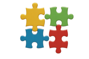 Four vibrant, interconnected puzzle pieces (yellow, green, blue, red) form a complete square, symbolizing connection, teamwork, and problem-solving. background removed