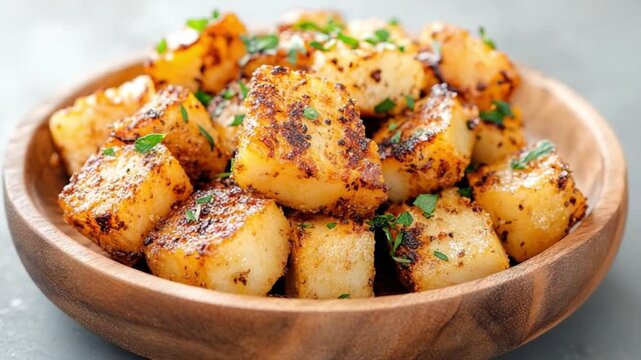 Golden Potato Delights: A rustic wooden bowl overflows with a tantalizing assortment of golden-brown roasted potatoes, enhanced by a delicate sprinkle of fresh herbs.