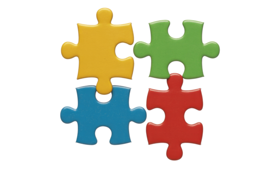 Four vibrant, interconnected puzzle pieces (yellow, green, blue, red) form a complete square, symbolizing connection, teamwork, and problem-solving. background removed
