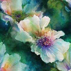 Exquisite Pure White watercolor flowers with Emerald Green foliage and Vibrant Lavender details, perfect for a digital art project in adobe photoshop, conveying a serene and delicate natural beauty.