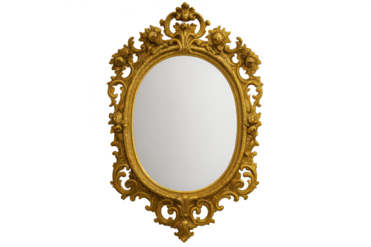 Golden ornate oval mirror isolated on transparent background, antique and decorative