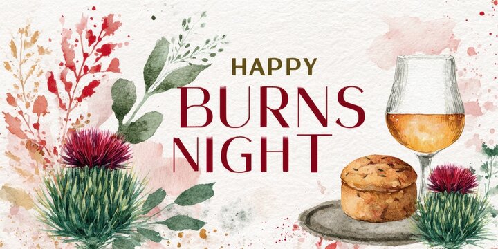 scottish celebration, watercolor postcard for burns night featuring tartan, scottish thistle, whisky glass, haggis, and happy burns night in festive fonts surrounded by watercolor splashes and