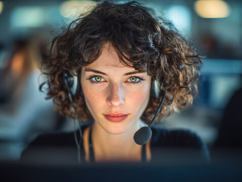 Focused young woman with curly hair wearing a headset working in a busy office environment with blurred background and soft lighting effects