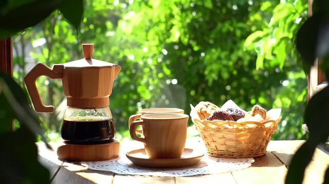 Outdoor Al Fresco Coffee Setup on Sunlit Wooden Table with Moka Pot, Cup, and Basket of Pastries
