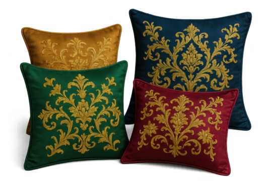 Elegant decorative pillows in various colors isolated on transparent background