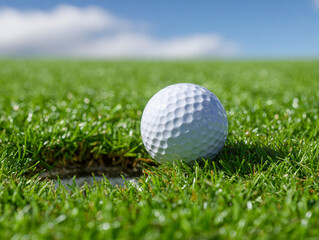 Obraz premium Golf ball resting on the edge of a putting green hole with vibrant grass under a clear blue sky on a sunny day