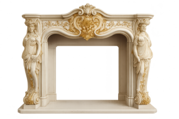 Ornate fireplace mantel with sculptures, isolated on transparent background