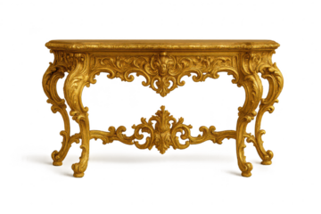 Ornate gold gilded console table with carved detailing, isolated with transparent background