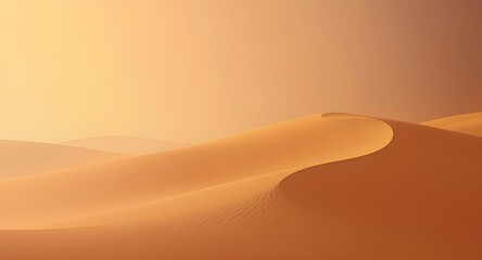 Vast and sweeping sand dunes stretch across a desert landscape under a warm, hazy sky during sunrise or sunset, creating dramatic shadows and an arid atmosphere