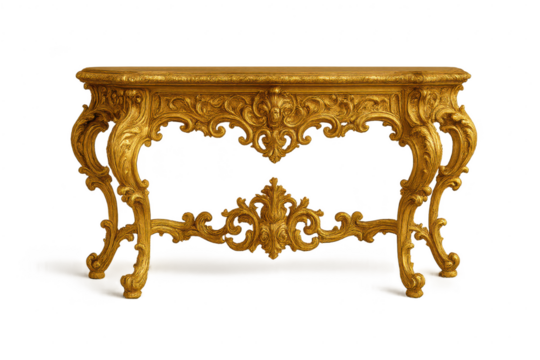 Ornate gold gilded console table with carved detailing, isolated with transparent background