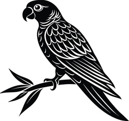 Parrot bird silhouette vector perched on branch with curved beak
