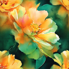 Vibrant watercolor floral pattern blooming with radiant Goldenrod Yellow, rich Tangerine Orange, and lush Emerald Green petals, perfect for artistic digital designs in adobe photoshop projects.