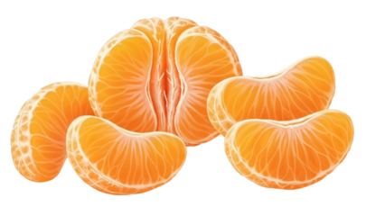 Close-up shot of a peeled mandarin orange with several individual segments arranged around it on a clean white background.