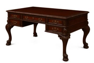 Antique wooden desk with ornate details, isolated on a transparent background