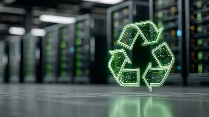 Green recycling symbol illuminated in a modern data center with server racks in the background