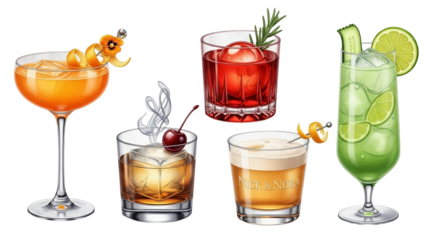 Illustration of five different cocktails, each in a unique glass and garnished with fruit or herbs.