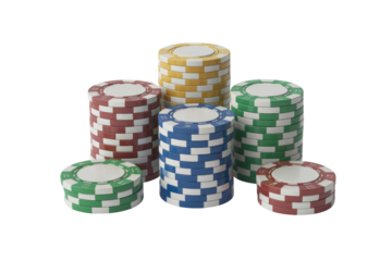 Various stacks of colorful poker chips, including red, blue, green, and yellow, arranged on a solid transparent background for gaming concepts. background removed