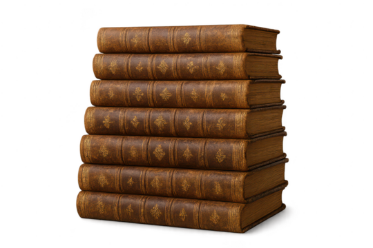 Stack of antique books isolated on transparent background, library concept