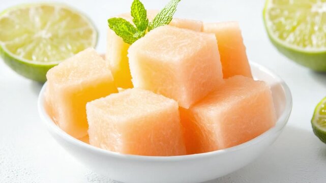 Zesty Delight: Cubed melon and lime slices, a fresh and vibrant display, ready to tantalize the taste buds.