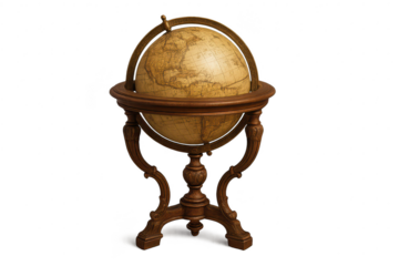 Antique style globe isolated on transparent background, vintage world map, detailed