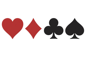 The four classic playing card suits: red hearts and diamonds, and black clubs and spades, displayed neatly on a transparent background. background removed