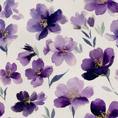 A beautiful seamless watercolor floral pattern featuring delicate Lavender and Deep Violet blossoms with shimmering Gold accents, perfect for digital art or enhancing designs in adobe photoshop projec
