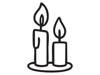 Obraz premium Black outline of two burning candles on a plate, isolated on white background. concept of icon, logo, relaxation, ambience, aromatherapy, meditation, design element