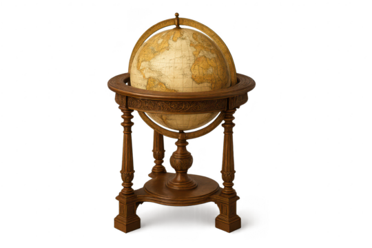 Vintage globe on ornate wooden stand isolated on a transparent backdrop
