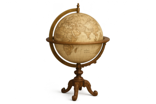 Antique globe isolated on transparent background, navigational sphere, travel concept