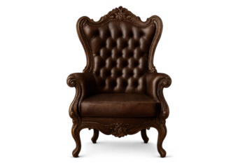 Luxurious brown leather armchair isolated on transparent background, antique style